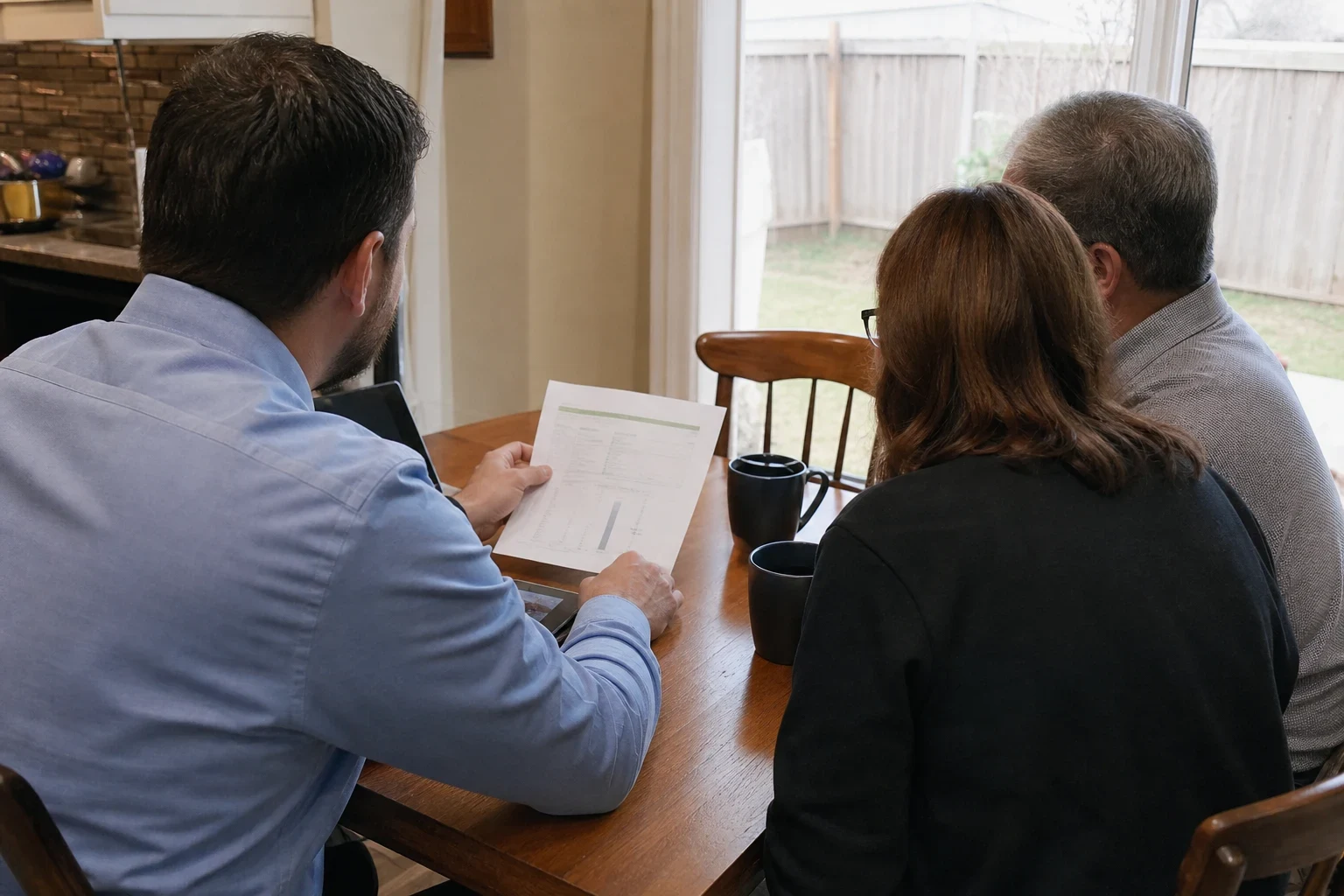 Agent in a light blue shirt reviews a printed sheet with a couple at a wooden kitchen table with coffee mugs, a backyard wood fence visible through the window