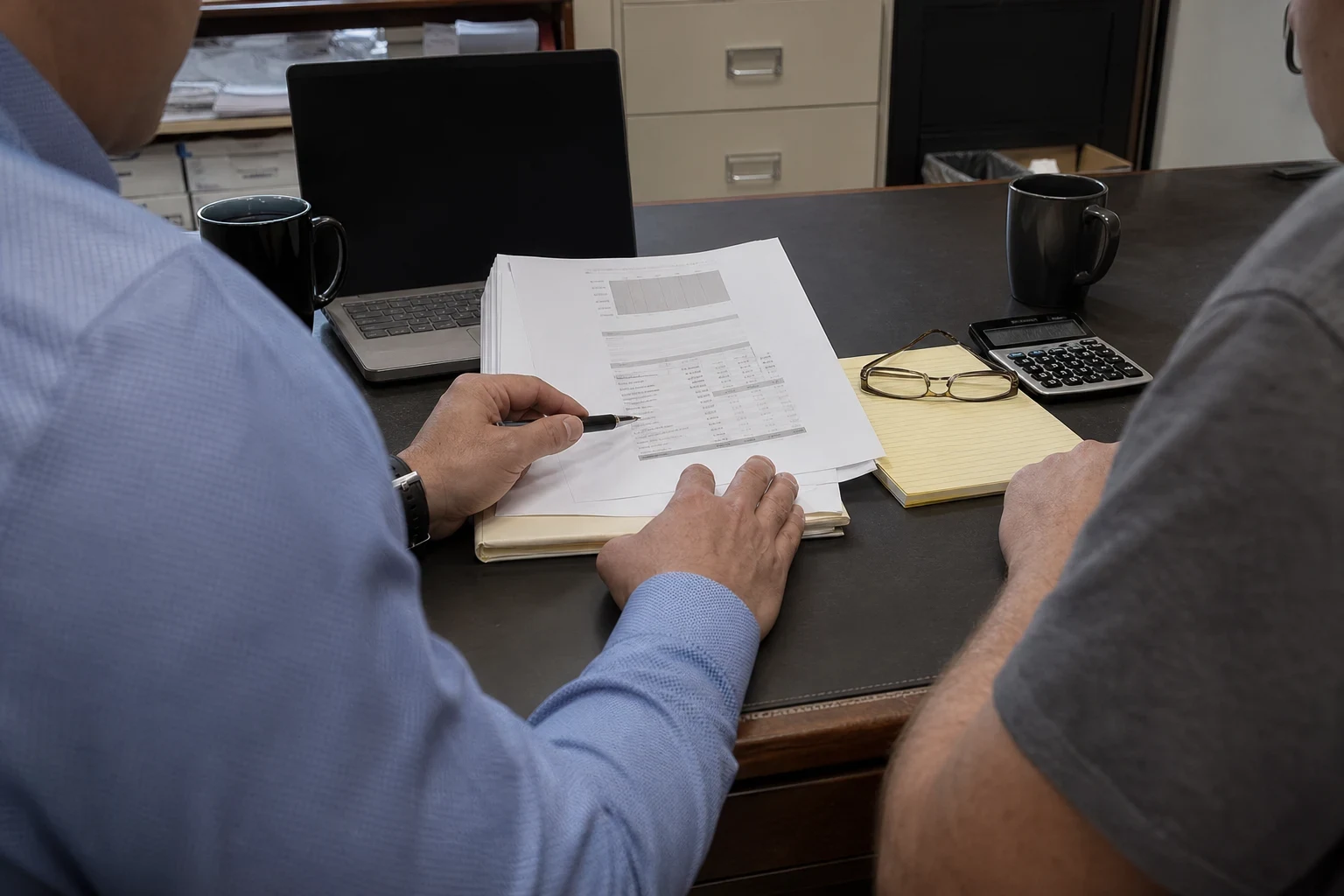 Over-the-shoulder view of two men at an office desk reviewing a printed statement with a pen, beside a yellow notepad, reading glasses, calculator, laptop and coffee mugs